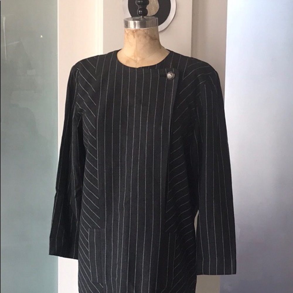 Gillian grey pinstripe wool coatdress.